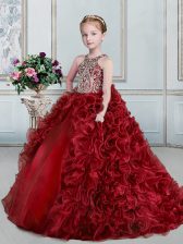  Organza Scoop Sleeveless Lace Up Beading and Ruffles Little Girl Pageant Dress in Wine Red