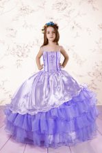  Lavender Lace Up Spaghetti Straps Embroidery and Ruffled Layers Kids Pageant Dress Organza Sleeveless