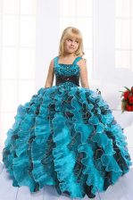 Ball Gowns Little Girl Pageant Gowns Turquoise Straps Organza Sleeveless Floor Length Lace Up