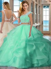  Scoop Cap Sleeves Floor Length Backless Sweet 16 Dress Apple Green for Military Ball and Sweet 16 and Quinceanera with Beading and Ruffles