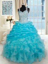 Low Price Straps Floor Length Zipper Quinceanera Gown Aqua Blue for Military Ball and Sweet 16 and Quinceanera with Beading and Ruffles and Pick Ups