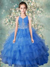 Cheap Halter Top Ruffled Baby Blue Sleeveless Organza Zipper Little Girls Pageant Dress for Party and Wedding Party