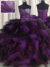 Hot Selling Purple Quinceanera Gown Military Ball and Sweet 16 and Quinceanera with Beading and Ruffles and Ruffled Layers Sweetheart Sleeveless Lace Up
