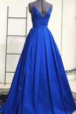  Royal Blue A-line Spaghetti Straps Sleeveless Satin Sweep Train Criss Cross Ruching Prom Evening Gown