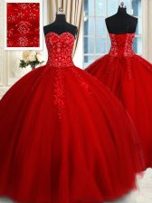 Colorful Beading and Appliques Vestidos de Quinceanera Red Lace Up Sleeveless Floor Length