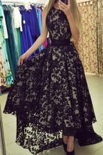 Black Column/Sheath Scoop Sleeveless Chiffon With Brush Train Zipper Lace Dress for Prom