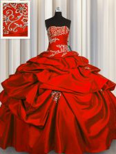 Exceptional Red Ball Gowns Taffeta Strapless Sleeveless Appliques and Pick Ups Floor Length Lace Up Quinceanera Gowns