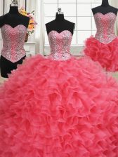 Elegant Three Piece Sleeveless Lace Up Floor Length Beading and Ruffles Quinceanera Dress