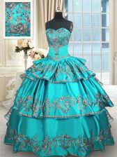  Ruffled Floor Length Ball Gowns Sleeveless Aqua Blue Quince Ball Gowns Lace Up
