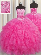 Romantic Handcrafted Flower Hot Pink Ball Gowns Beading and Ruffles Quinceanera Dress Lace Up Organza Sleeveless Floor Length