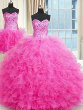  Three Piece Floor Length Ball Gowns Sleeveless Rose Pink Sweet 16 Quinceanera Dress Lace Up