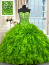 Fancy Organza Sweetheart Sleeveless Brush Train Lace Up Beading and Ruffles Quinceanera Gown in 