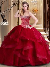 Noble Wine Red Sleeveless Beading and Ruffles Floor Length 15th Birthday Dress