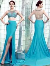 Romantic Brush Train Column/Sheath Dress for Prom Aqua Blue Scoop Elastic Woven Satin Sleeveless With Train Zipper