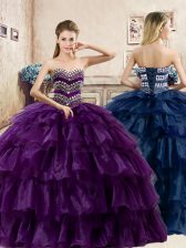 Wonderful Purple 15 Quinceanera Dress Military Ball and Sweet 16 and Quinceanera with Beading and Ruffled Layers Sweetheart Sleeveless Lace Up