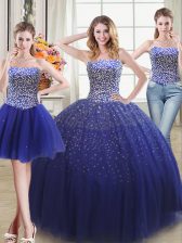  Three Piece Sleeveless Tulle Floor Length Lace Up Quinceanera Dresses in Royal Blue with Beading