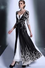  Chiffon Square Half Sleeves Zipper Pattern Prom Evening Gown in Black