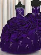 Latest Pick Ups Embroidery Strapless Sleeveless Lace Up Quince Ball Gowns Purple Taffeta