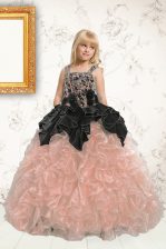  Baby Pink Ball Gowns Straps Sleeveless Organza Floor Length Lace Up Beading and Pick Ups Kids Pageant Dress