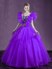  Purple Organza Lace Up 15 Quinceanera Dress Sleeveless Floor Length Appliques and Ruffles