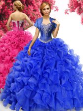 Admirable Royal Blue Ball Gowns Sweetheart Sleeveless Organza With Train Sweep Train Lace Up Beading and Ruffles Sweet 16 Quinceanera Dress