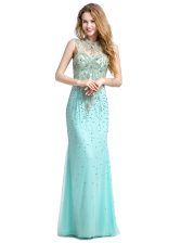 Superior Tulle High-neck Sleeveless Brush Train Zipper Beading Prom Evening Gown in Turquoise