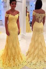 Pretty Lace Off The Shoulder Sleeveless Brush Train Side Zipper Lace Prom Party Dress in Yellow