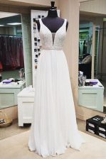 Gorgeous Sleeveless Chiffon Floor Length Zipper Dress for Prom in White with Beading