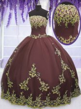  Purple Ball Gowns Tulle Strapless Sleeveless Lace and Appliques Floor Length Zipper Ball Gown Prom Dress