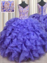 Vintage Organza V-neck Sleeveless Lace Up Appliques and Ruffles Sweet 16 Quinceanera Dress in Blue