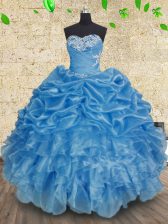 Cheap Baby Blue Ball Gowns Beading and Appliques and Ruffles and Ruching Quinceanera Dress Lace Up Organza Sleeveless Floor Length