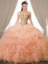 Most Popular Peach Sleeveless Beading and Ruffles and Pick Ups Floor Length 15th Birthday Dress