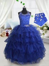 Inexpensive Halter Top Sleeveless Floor Length Beading and Ruffled Layers Lace Up Little Girls Pageant Gowns with Royal Blue