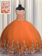 Dramatic Sleeveless Floor Length Beading and Appliques Lace Up Vestidos de Quinceanera with Orange Red