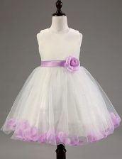  White and Lavender A-line Beading and Hand Made Flower Flower Girl Dresses Zipper Tulle Sleeveless Knee Length