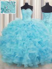  Sleeveless Floor Length Beading and Ruffles Lace Up 15th Birthday Dress with Aqua Blue