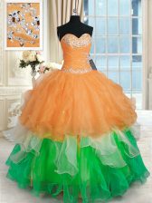 Luxurious Multi-color Ball Gowns Beading and Ruffles 15th Birthday Dress Lace Up Organza Sleeveless Floor Length