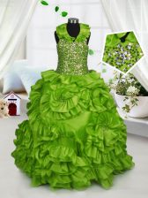 New Arrival Olive Green Ball Gowns Taffeta Halter Top Sleeveless Beading and Ruffles Floor Length Zipper Girls Pageant Dresses