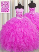 Charming Handcrafted Flower Fuchsia Organza Lace Up Quinceanera Dress Sleeveless Floor Length Beading and Ruffles and Hand Made Flower