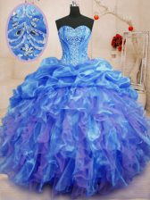  Blue Ball Gowns Sweetheart Sleeveless Organza Floor Length Lace Up Beading and Ruffles Sweet 16 Dresses