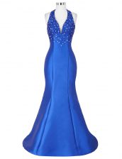 Ideal Mermaid Halter Top Royal Blue Sleeveless Beading Floor Length Prom Party Dress