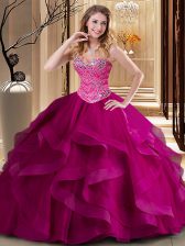 Admirable Fuchsia Ball Gowns Sweetheart Sleeveless Tulle Floor Length Lace Up Beading and Ruffles Quinceanera Gowns