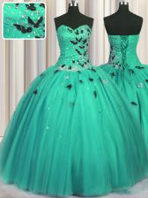 Flirting Sleeveless Tulle Floor Length Lace Up Vestidos de Quinceanera in Turquoise with Beading and Appliques
