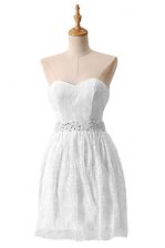 Chic White A-line Sweetheart Sleeveless Lace Knee Length Zipper Beading Prom Dresses