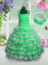  Floor Length Lace Up Kids Formal Wear for Party and Wedding Party with Beading and Appliques and Ruffled Layers