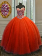  Red Ball Gowns Sweetheart Sleeveless Tulle Floor Length Lace Up Beading Quince Ball Gowns