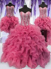 Chic Four Piece Pink Lace Up Sweetheart Ruffled Layers and Sequins Sweet 16 Quinceanera Dress Organza Sleeveless