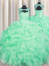  Scoop Floor Length Apple Green Sweet 16 Quinceanera Dress Organza Sleeveless Beading and Pick Ups