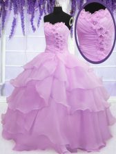  Floor Length Lilac Sweet 16 Quinceanera Dress Organza Sleeveless Beading and Ruffled Layers and Hand Made Flower