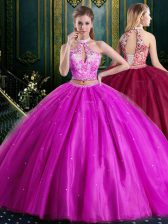 Fashion Halter Top Fuchsia Sleeveless Floor Length Beading and Lace and Appliques Lace Up Quince Ball Gowns